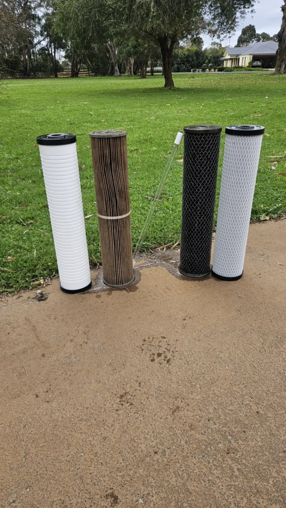 Discoloured filter cartridges after 12 months in an Ultra V Pro 3 on a rural property