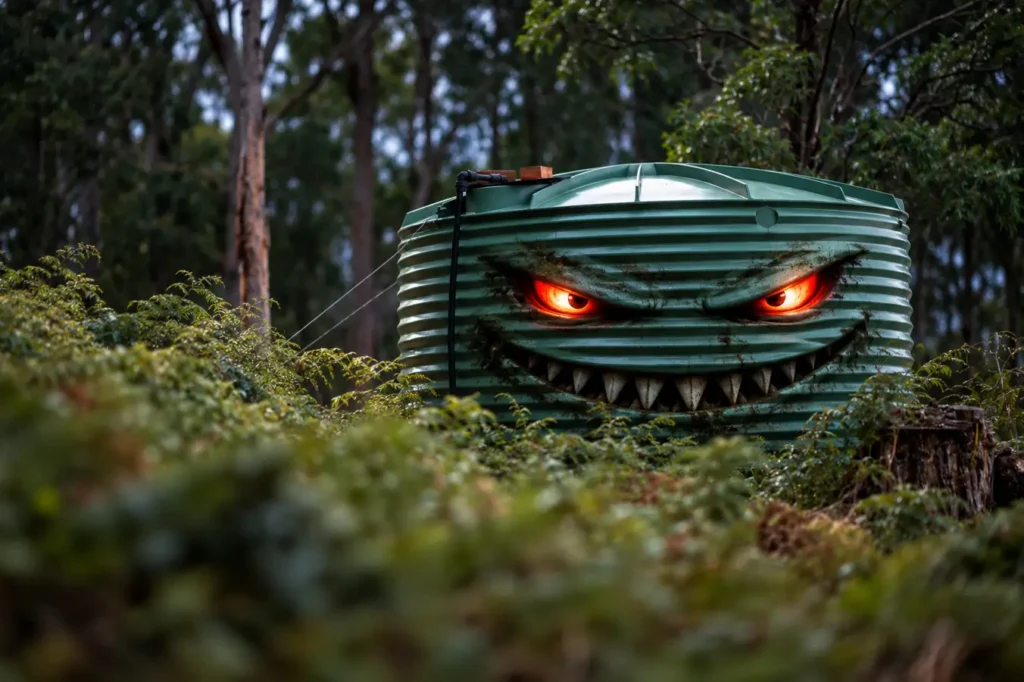 Green rainwater tank with glowing red eyes and sharp teeth in the South West WA bush, illustrating hidden E. coli in tank water